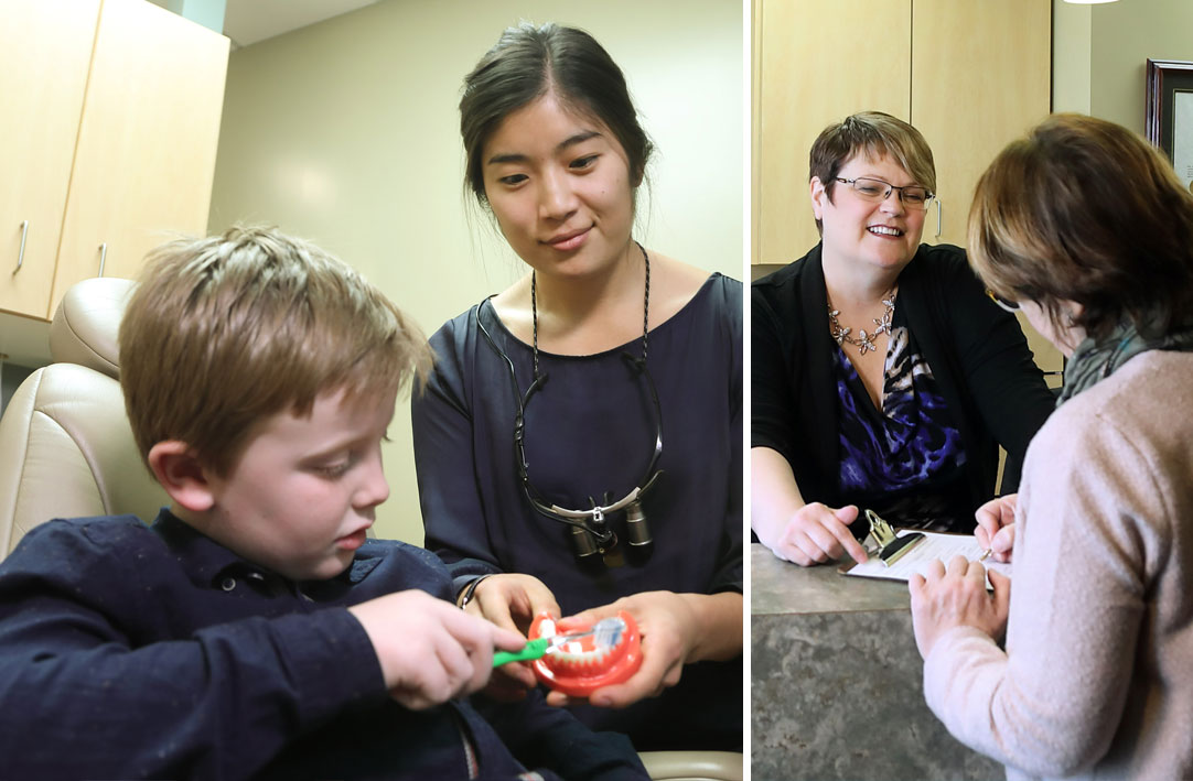 Dentist explaining procedure to patient, receptionist booking appointment